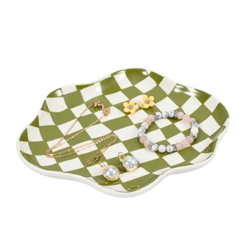 Koythin Jewelry Tray, Ceramic Jewelry Dish Trinket Tray Organizer, Checkered Pattern Aesthetic Decorative for Kitchen, Bathroom (Green Plaid) - color: Green Plaid