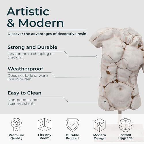 Resin Male Torso Sculpture – Contemporary Figurine, Accent for Bookshelf Styling, Coffee Tables, Shelves or Entryways – Artistic Home Decor Object for Living Room or Office - 25", White - color: White
