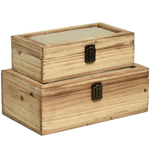 DECOR4SEASON Decorative Storage Boxes with Hinged Lid, 2 Pcs Memory Box for Keepsakes, Wooden Treasure Chest Box, Large Vintage Craft Box Trunk Basket for Men, Kids, Jewelry, (Linen Lid, White) - color: Natural Brown, size: S&M