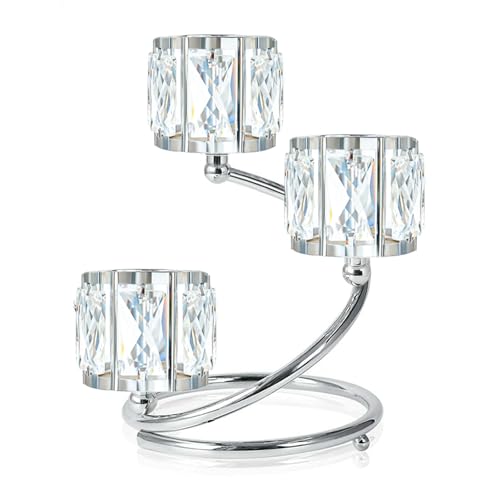 Metal 3 Arm Crystal Candle Holder - Tea Light Centerpiece Candle Holder, Votive Holder with Sparkling Crystal Bowl, Suitable for Wedding, Table Centerpiece, Home Decor (1, 3 arm-Silver) - size: 3 arm-Silver