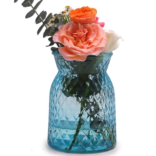 OFFIDIX Glass Vase,6.2 * 3.5in Large Mouth Shape Geometric Faceted Design Flower Vase for Weddings,Events,Decorating,Office,Home Decor - color: Blue-2