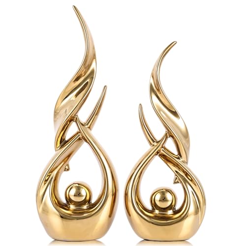XMGZQ Gold Ceramic Abstract 2 Piece Statue Set,Mid Century Modern Abstract Art Home Decor Statue Mantelpiece on Unique Shelf Decor, TV Cabinet Divider Table top and Dining Table Centerpiece (Gold) - color: Gold