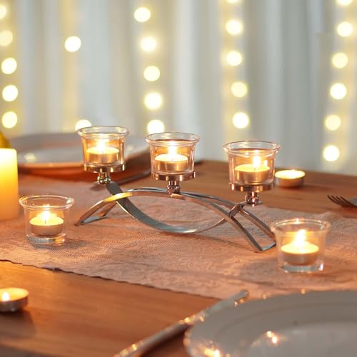 3-Arm Metal Tea Light Candle Holder Set with 5 Glass Cups, Votive Candle Holders Centerpiece Candelabra for Wedding Table Decor, Home Gatherings and Holidays (Silver, 5 Cups) - color: Silver, size: 5 Cups