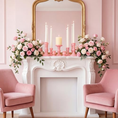 Mumufy 10 Pcs Glass Crystal Taper Candle Holders Clear Glass Candlestick Holder Fit 0.8 Inch Candles Crystal Decorative Candle Stand Centerpiece Table Wedding Dining Party (Classic,Cream Pink) - color: Cream Pink