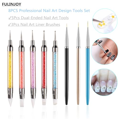 FULINJOY 8pcs Nail Art Design Tools, 5PCS Dual-Ended Nail Art Sculpture Pen Dotting Tools with 3PCS Nail Liner Brushes, Silicone Nail Polish Brushes Stainless Steel Carving Drawing Tool - size: 5+3 PCS