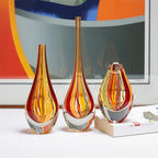 Ca D Oro Small Drop Glass Vase Boho with Red/Yellow Canes Hand Blown Murano-Style Art Glass - Model Tall - color: Red