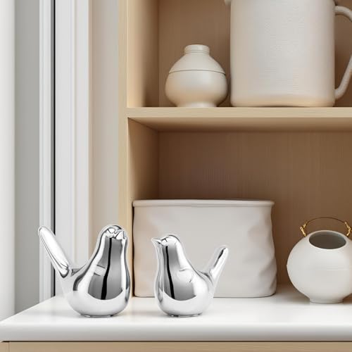 XMGZQ Small Ceramic Bird Statue and Sculpture for Home Decor Accents,Modern Animal Ornaments for Living Room,Bedroom,Coffee Table Centerpiece,Bookshelf,Cabinets,Cute Knick Knacks for Shelves (Silver) - color: Silver