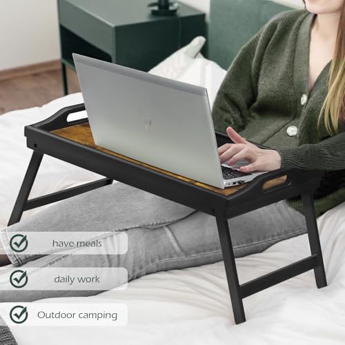 Tray Table for Bed, Bamboo Breakfast Serving Tray with Folding Legs and Handles, Laptop and Snack Bed Table with Cross Bar & Media Slot, Dark Brown with Black Legs, for Bedroom, Sofa, Kitchen - style: 1 pack（Dark brown with black legs）