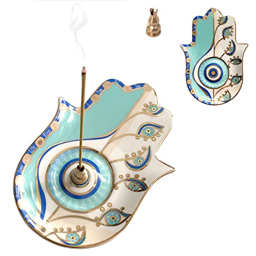 Ceramic Hamsa Hand Incense Holder - 2 in 1 Brass Incense Holder for Sticks and Coil Incense- Zen Decor with Hand of Fatima Design Protection from Evil - 6.2" L X 4.5" W (Blue) - color: Blue