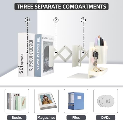 Adjustable Bookends, 19" Metal Book Ends for Heavy Books, 2 Dividers Bookends with Removable Pen Holder, Tray, and 3 Hook-up, Book Organizer for Office, School, Bookstore, Home - color: White