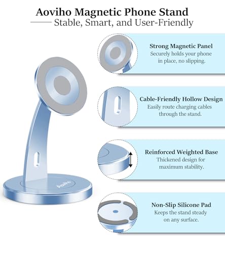Aoviho Magnetic Phone Stand for Desk – 360° Rotating Aluminum Phone Holder, Stable Desk Stand for Office, Home & Kitchen, Compatible with iPhone 17 Pro Max 16–12 Series and MagSafe Cases, Sky Blue - color: Sky Blue