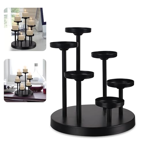 6arms Tea Candle Holder Tray, Metal Black Candlestick Holder, Candle Holders Set of 6 padk Tea Candle Light, for Dining Room, Table Centerpiece Decor,Decorative Tray… - size: tea's 6arms