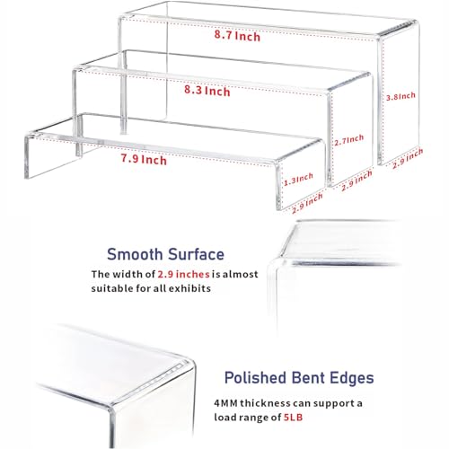 Yieach Large Clear Acrylic Risers Display Stands,3 Pcs Rectangular Display Risers for Funko Pop,Figures,Food,Showcase Collectibles Display Shelf,Retail Desktop Risers Display Stand and Decoration