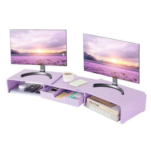 LEKETREE Dual Monitor Stand Riser with Drawer, Desk Organizer and Accessories, Metal Laptop Stand for Desk, Workspace Desktop Stand for Computer, Laptop, TV and More (Purple) - color: Purple