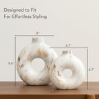 Modern Ceramic Donut Vase Set of 2 - Boho Design White and Gold Marble Pattern Vases for Flowers and Pampas - Elegant Home Decor Centerpieces for Coffee Tables - Entryways - Dining and Living Rooms
