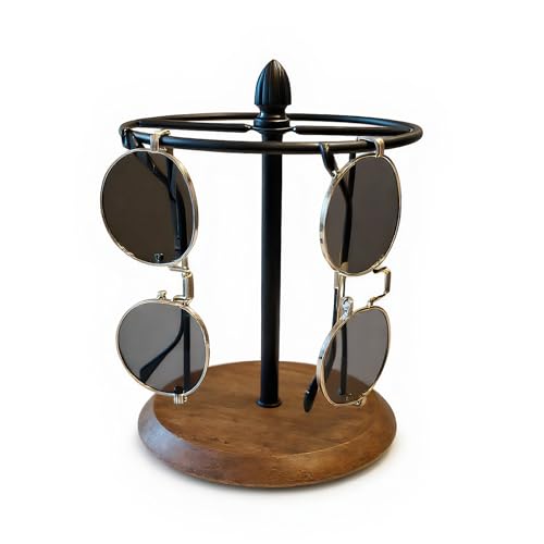 Sunglasses Stand with Jewelry Tray Base, 12 Pairs Eyeglass Holder Rack, Glasses Organizer for Entryway Bedroom Dresser, Countertop Sunglasses Display for Home Decor (Wood+Black) - color: Wood+Black
