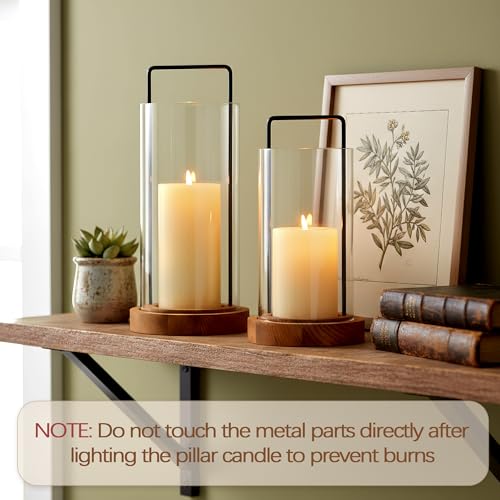 Houmury Set of 2 Hurricane Candle Holders Lantern 12” & 10”with Wood Base Metal Handle Glass Cylinder Modern Farmhouse Decor for Home Decoration, Table Centerpieces (Warm Amber Brown) - color: Warm Amber Brown