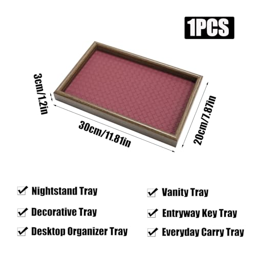 Wooden Valet Tray with Leather Base, EDC Catch All Tray Nightstand Entryway Table Vanity Organizer 11.8x7.9, Red - color: Red