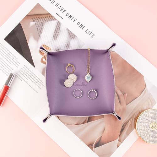 SANQIANWAN PU Leather Arc Edge Jewelry Valet Tray for Man and Women, Portable Mini Entryway Table Tray Bedside Nightstand Desk Tray Small Travel Dish Plate for Key,Wallet,Watch,Coin (Purple) - color: Purple