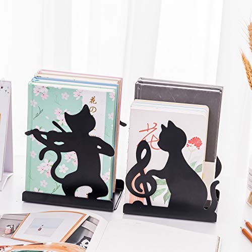 Decorative Art Bookends Cute Cat Playing Music Nonslip Book Ends Supports Books Organizer Heavy Duty Iron Book Stands Stoppers Office School Library Animal Music Note Black Metal Books Holders Racks - color: Violin Cat