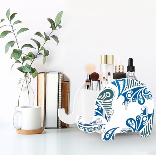 MOKANI Pen Pencil Holder for Desk Cute Elephant Gifts Desk Organizer Marker Makeup Brush Holders Workspace Organizers Office Decor Accessories with Phone Stand Christmas Gifts For Women Men Adults - color: C: Glacial Elephant