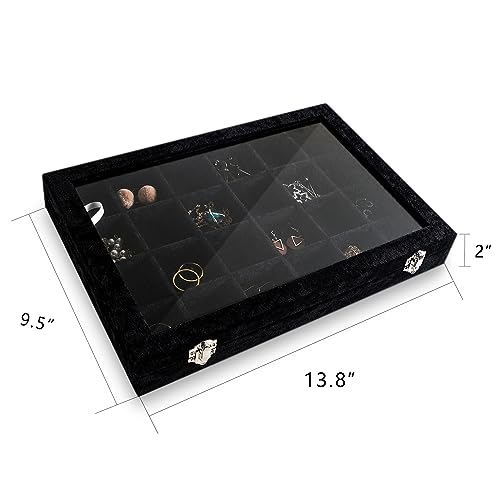 Frebeauty 24 Grid Earring Holder Organizer Tray, Jewelry Organizers and Storage for Drawer,Velvet Jewelry Display Storage for Earrings,Rings,Studs,10.5 x 6.5 x 1.2 Inches Gift for Women (Black) - color: Black, size: 24 Slots