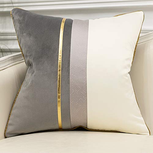 Avigers 16 x 16 Inches Gray White Gold Leather Striped Patchwork Velvet Cushion Case Luxury Modern Throw Pillow Cover Decorative Pillow for Couch Living Room Bedroom Car - color: Gray, size: 16" x 16" (Pack of 1)