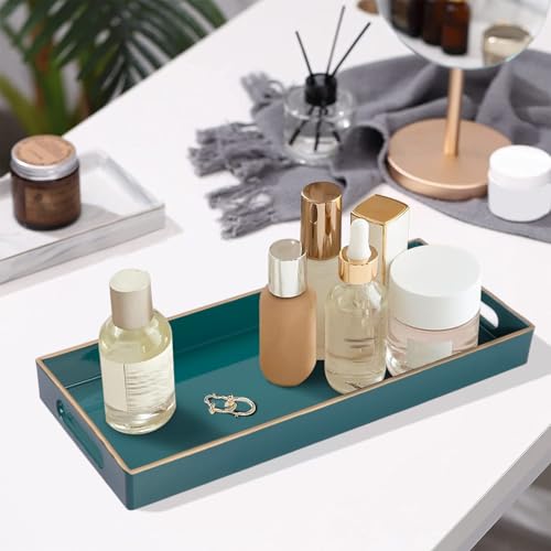 MAONAME Green Bathroom Tray, Plastic Vanity Tray, Narrow Countertop Trays with Handles, Perfume Organizer Trays for Dresser, Bathroom Accessories, 13.8" x 6" x 1.57" - color: Green