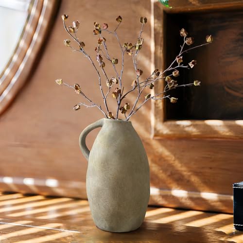 10.3 Inch Rustic Ceramic Handmade Pottery Vase with Handle, White Grey Vintage Farmhouse Vase for Home Decor, Farmhouse Flower Vase for Living Room, Kitchen, Thanksgiving Centerpiece - color: White Gray