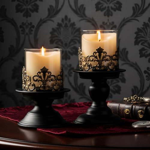 Gothic Hurricane Candle Holders, Black Metal with Glass Sleeve, Set of 2 Decorative Pillar Holders, 5.9 and 7.9 Inch Height, 4 Inch Diameter - size: Height 5.9 inches and 7.9 inches - 2 Pieces