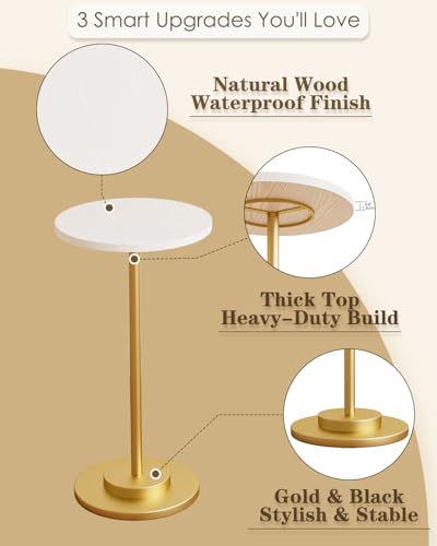 Masupu Drink Table, Round Side Table for Small Spaces, Pedestal Side Table, Small End Table with Metal Base, for Living Room, Bedroom, Bathroom, White Gold - color: 01.white Gold