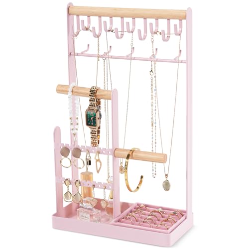 ProCase Cute Jewelry Stand, Aesthetic Jewelry Organizer for Dresser Vanity, Jewelry Holder Display for Necklaces Earrings, Gifts for Teen Girls Women, Bedroom Dorm Decor -Large, Pink - color: Pink, size: 13.4" Height