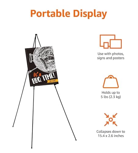 Amazon Basics Easel Display Stand, Instant Floor Poster, Lightweight, Collapsible and Portable with Tripod Base, Black Steel (supports 5 pounds) - size: 39.17"D x 43.5"W x 60.83"H