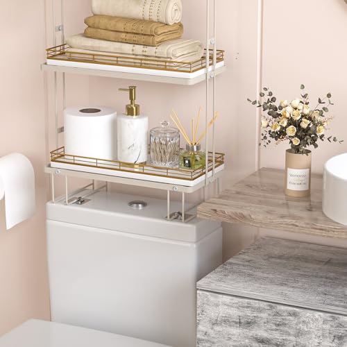 Bathroom Toilet Tank Tray, 13" Wood Toilet Paper Storage Basket Tray Back of Toilet Basket Organizer,Vanity Tray for Perfume Makeup Candle Decor, Gold & White - color: Gold & White, size: 13" x 6.5" x 1.5"