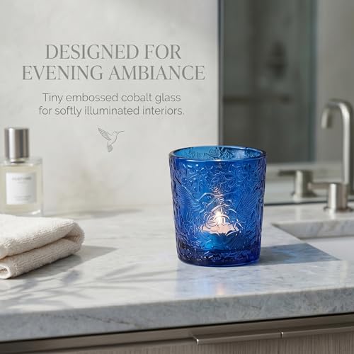 12 Pack Hummingbird Embossed Glass Candle Holders – Votive Tealight Holders with Patent Design, Decorative Embossed Glass Cups for Wedding Centerpieces, Parties, and Home Décor (Ocean Blue) - color: Ocean Blue