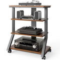 Rfiver 4-Tier AV Media Stand with Wheels, Mobile Rack Audio Tower with Height Adjustable Shelves, Wooden Stereo Racks and Stands, Stereo Stand for Record Player, TV Box, Corner Entertainment Center