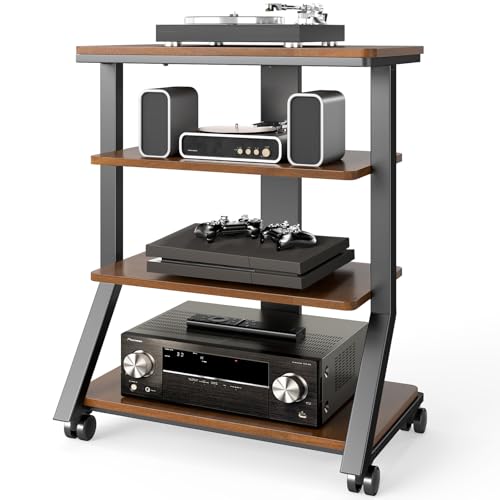 Rfiver 4-Tier AV Media Stand with Wheels, Mobile Rack Audio Tower with Height Adjustable Shelves, Wooden Stereo Racks and Stands, Stereo Stand for Record Player, TV Box, Corner Entertainment Center