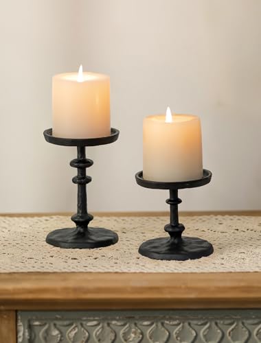 NUPTIO Pillar Candle Holder Black: Solid Cast Iron Candle Stand for 3 Inch Pillars - Handcrafted Hammered Candleholder for Thanksgiving Christmas Fireplace Mantle Decor - color: Black