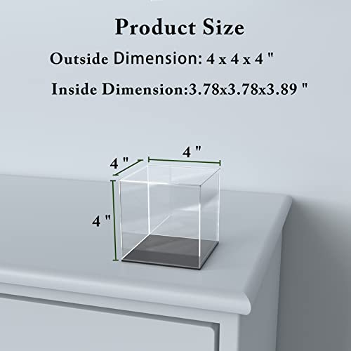 Acrylic Display Case, 4x4x4 Inch Cube Box With Matte Black Base, Clear Single-Piece Case for Softball Collectibles Figurines Mini Figures