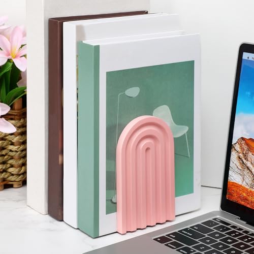 Harloon 4 Pcs Boho Arch Wooden Bookends, Decorative Rainbow Book Stoppers with Non-Slip Metal Base, 5x3x4 Inches, Cute Shelf Decor for Heavy Books, Home Office Study Desk Organizer(Pastel Color) - color: Pastel Color