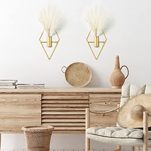 Peryiter 2 Pcs Boho Wall Decor Metal Gold Wall Art Hanging Planters with Artificial Pampas Modern Home Decor Display Art for Living Room Bedroom Bathroom(Rhombus) - style: Rhombus