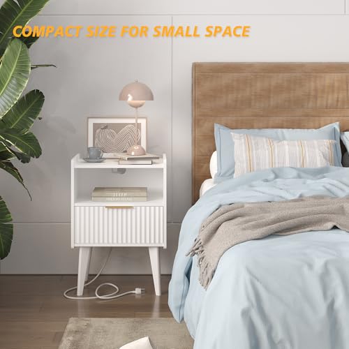 YAUKOMEL Fluted Nightstand with Charging Station, Modern Bedside Table with Drawer,White Nightstand with Solid Wood Legs, End Table,Side Table for Living Room,Bedroom White CTG57WE - color: White With Charging Station