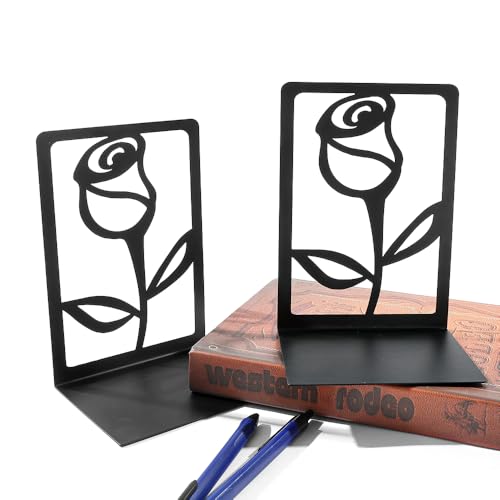 Creative Rose Flower Metal Bookends -Used for Heavy Book Organization, Black L Shaped Book Stand Holder for Home Office Desk, Creative Gift for Dads and Loved Ones (Rose Bookend) - color: Rose Bookend