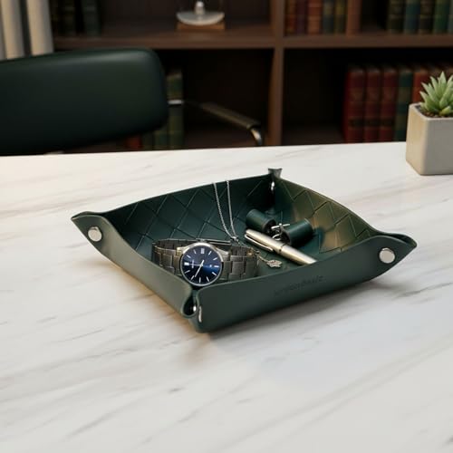 UnionBasic Small Valet Tray, Jewelry Tray for Rings Watches Earrings, Entryway Catchall Caddy for Coins Keys Change, Nightstand Bedside Valet Holder, Trays for Electronic Gadgets, Woven Vintage Green - color: Woven Vintage Green, size: 5.4" x 5.4" x 1.6"