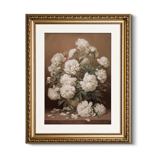HUARCEY Vintage Peony Canvas Wall Art 13x16 Inch Gold Framed Floral Oil Painting, Still Life Classic Flower Bouquet Artwork Living Room Bedroom Hallway Entryway Dining Room Décor - color: Falling, size: 16"L x 13"W