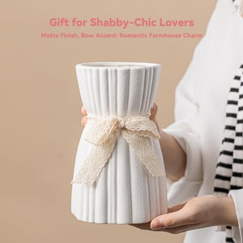 White Ceramic Vase with Lace Bow & Ribbed Texture - 7.7" Unique Flower Vase for Pampas Grass & Centerpieces, Farmhouse/Boho Decorative Vase for Living Room, Office Desk & Gift for Her/Yourself - color: Lace Bow Vase