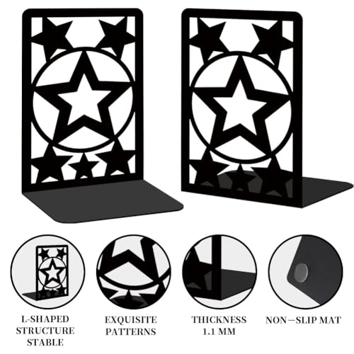 Star Metal Bookends for Shelves Decorative Books for Desk Organizer, Tall Sturdy Metal Book Ends for Heavy Books, Book Shelf Book Holder for Office Library Decor and Home Decor - style: Star