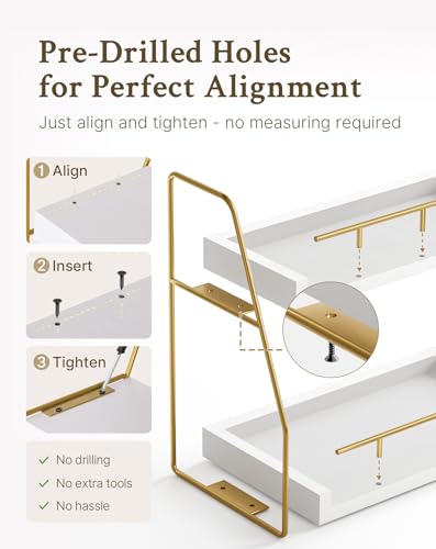 Mustry Bathroom Countertop Organizer, 2-Tier Makeup Organizer for Vanity, Wooden Shelf with Gold Metal Frame for Skincare, Perfume & Decor (White&Gold)