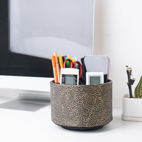 lizimandu Round Leather Art Supply Organizer,Remote Control Holder,360 Degree Spinning,Multi-Functional Pencil Holder,4 Compartments Desktop Stationary Organizer(1-Carved Cooper Gold) - color: 1-Carved Cooper Gold