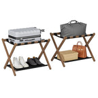 Smuxee Walnut Bamboo Luggage Rack Pack of 2, Foldable Suitcase Stand with Storage Shelf, Easily Assembled Luggage Stand with 5 Nylon-Straps for Guest Room Hotel Bedroom - color: Walnut 2PCS